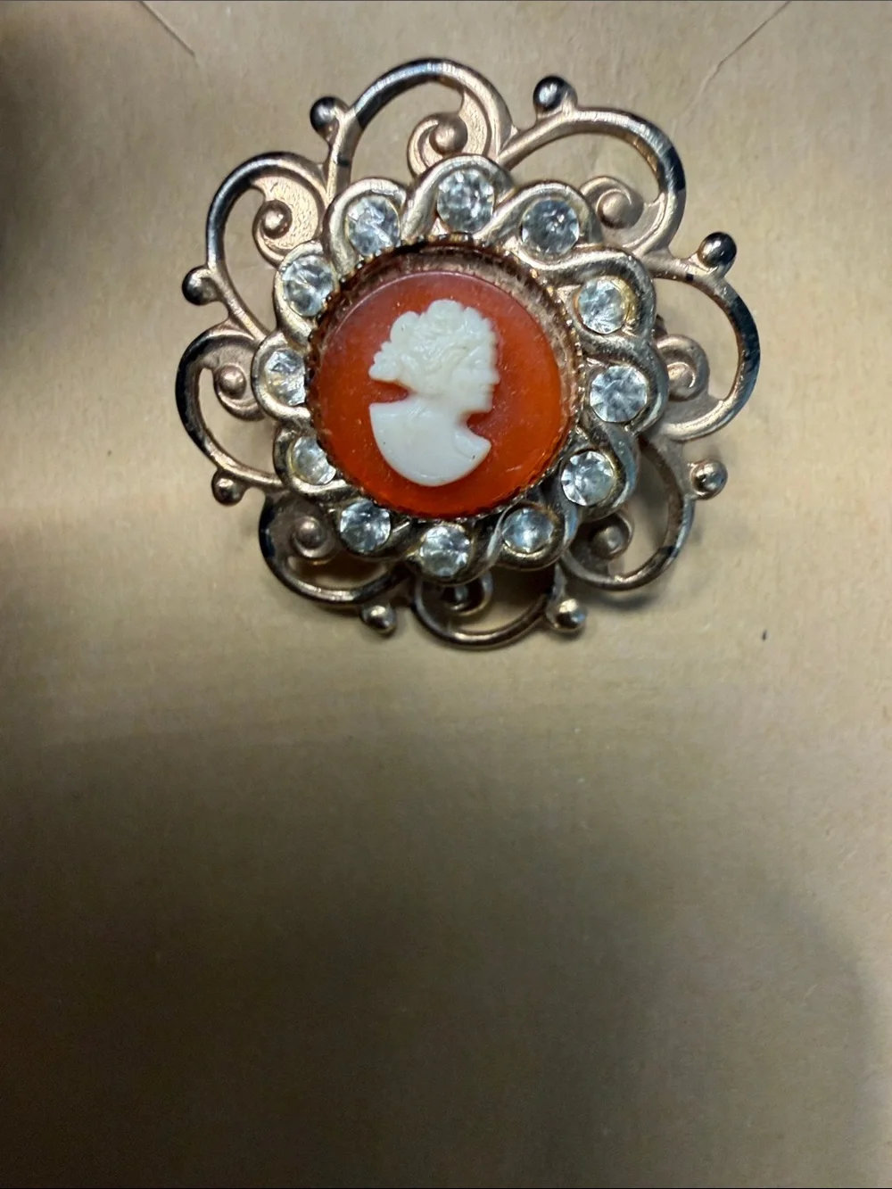 Vintage Style Orange Cameo Brooch with Clear Crystal Accents